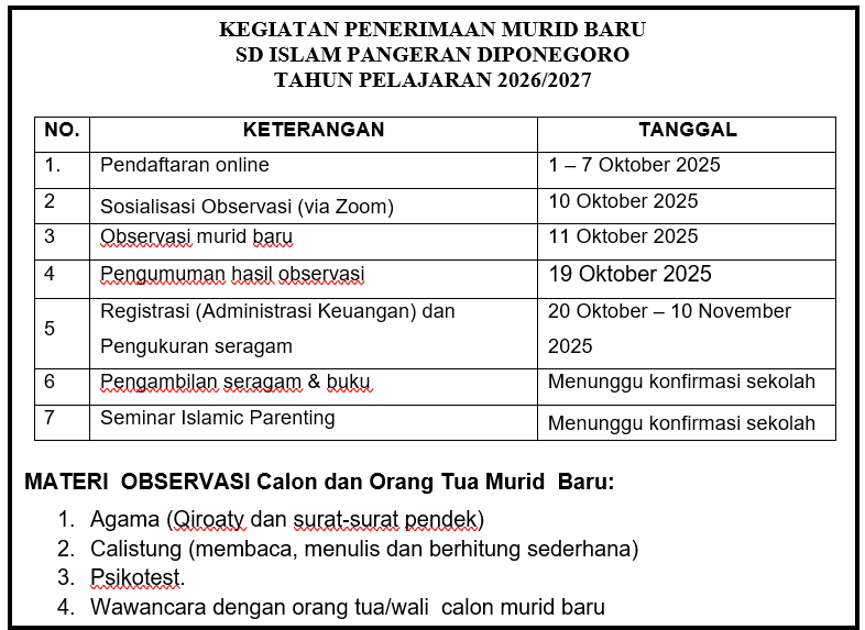 PENGUMUMAN PENERIMAAN MURID BARU SD ISLAM PANGERAN DIPONEGORO 2026/2027